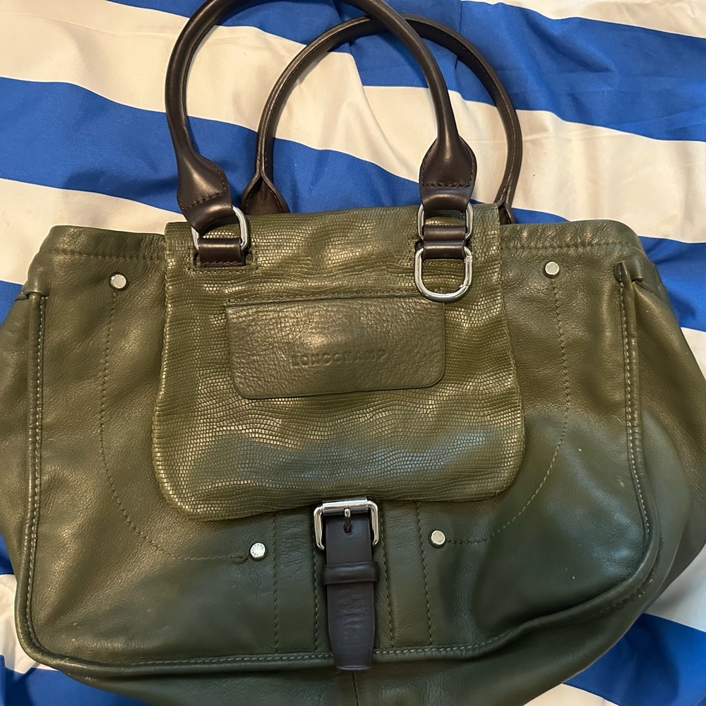 Longchamp Green Leather Tote Bag